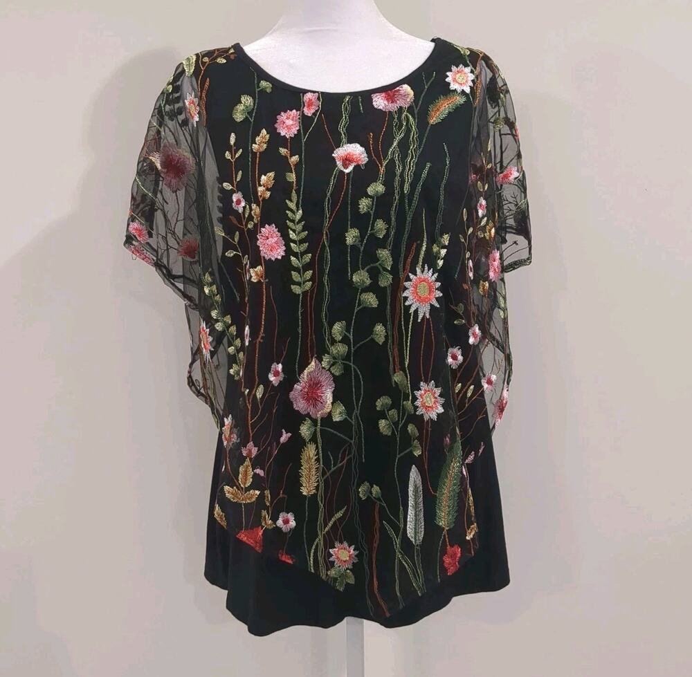Women's Black Embroidered Sheer Mesh Top Floral Overlay Dark Fairy Boho Flowy - Picture 1 of 12